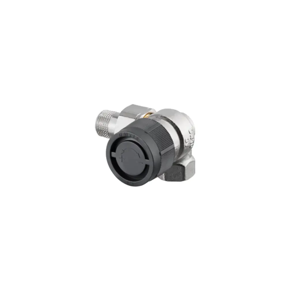 Oventrop Thermostatventil in Winkeleckform, mit metallischem Gehäuse und schwarzem Verstellknopf, zur Regelung von Durchfluss in Heizungsanlagen.